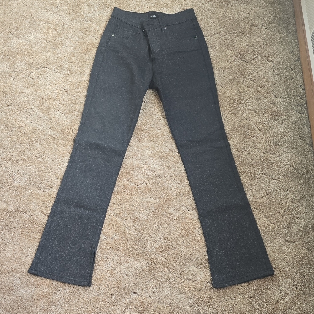 Express Stylish, Sparkly Black Flare Jeans With Boot Cutout